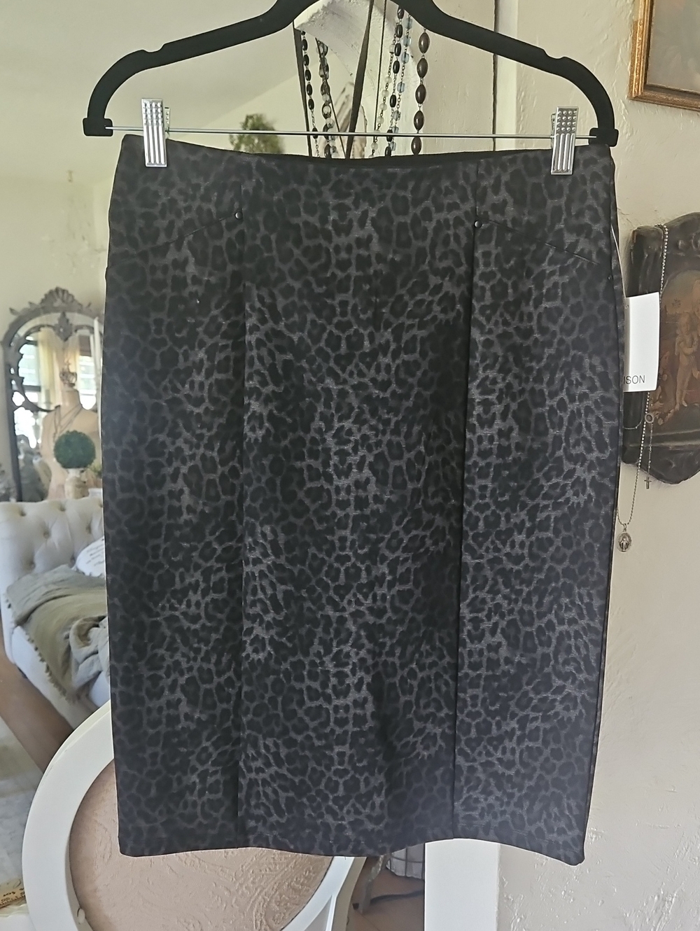 Madison Black Gray Leopard-Print Pencil Skirt